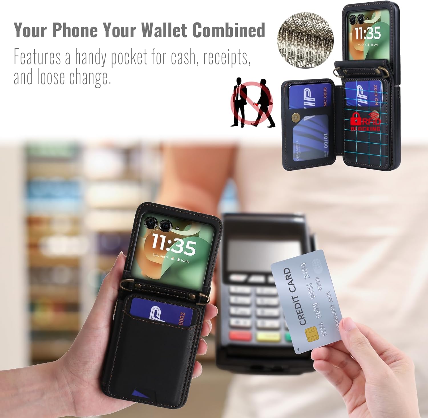 ASAPDOS for Motorola Razr 2025/2024 Wallet Case - 5 Card Slots RFID Blocking | Detachable Crossbody Strap & Wristlet | Snap Magnetic Cover | Shockproof PU Leather Black