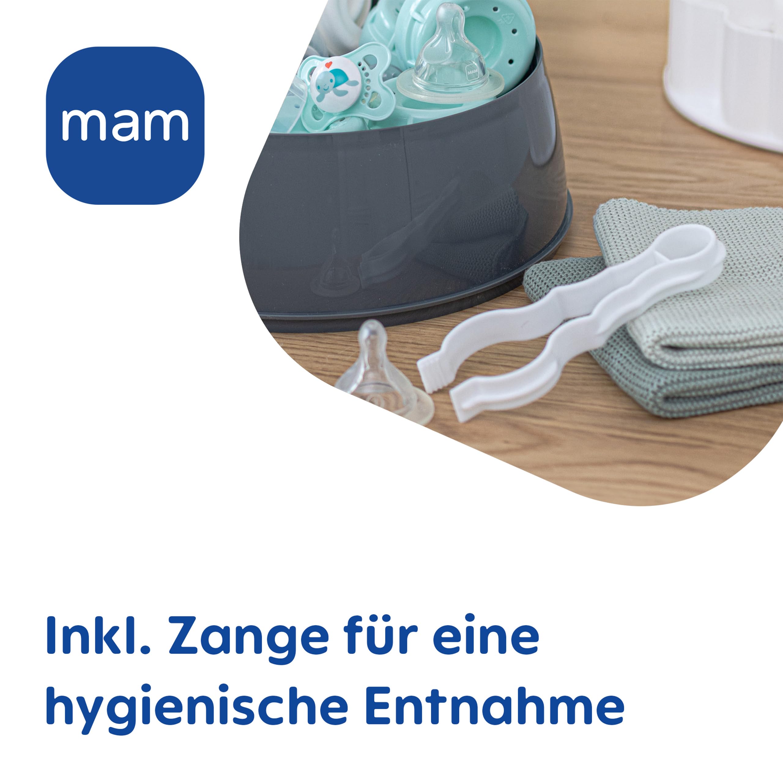 MAM Sterilisator, elektrischer Dampfsterilisator für Babyflaschen, Sauger & Zubehör, zuverlässiger Vaporisator inkl. Oberkorb und Zange, grau
