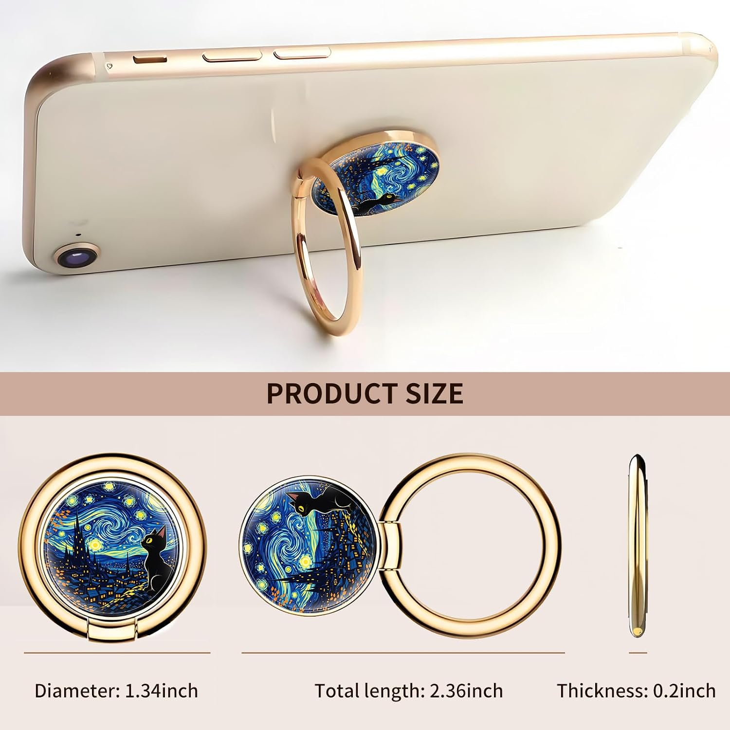 Cell Phone Ring Holder, Cute Metal Phone Grip Stand Finger Ring Kickstand, Flexible 360°Rotation Phone Tablet Case Accessories Compatible with Most Phones Starry Night Cat image 5