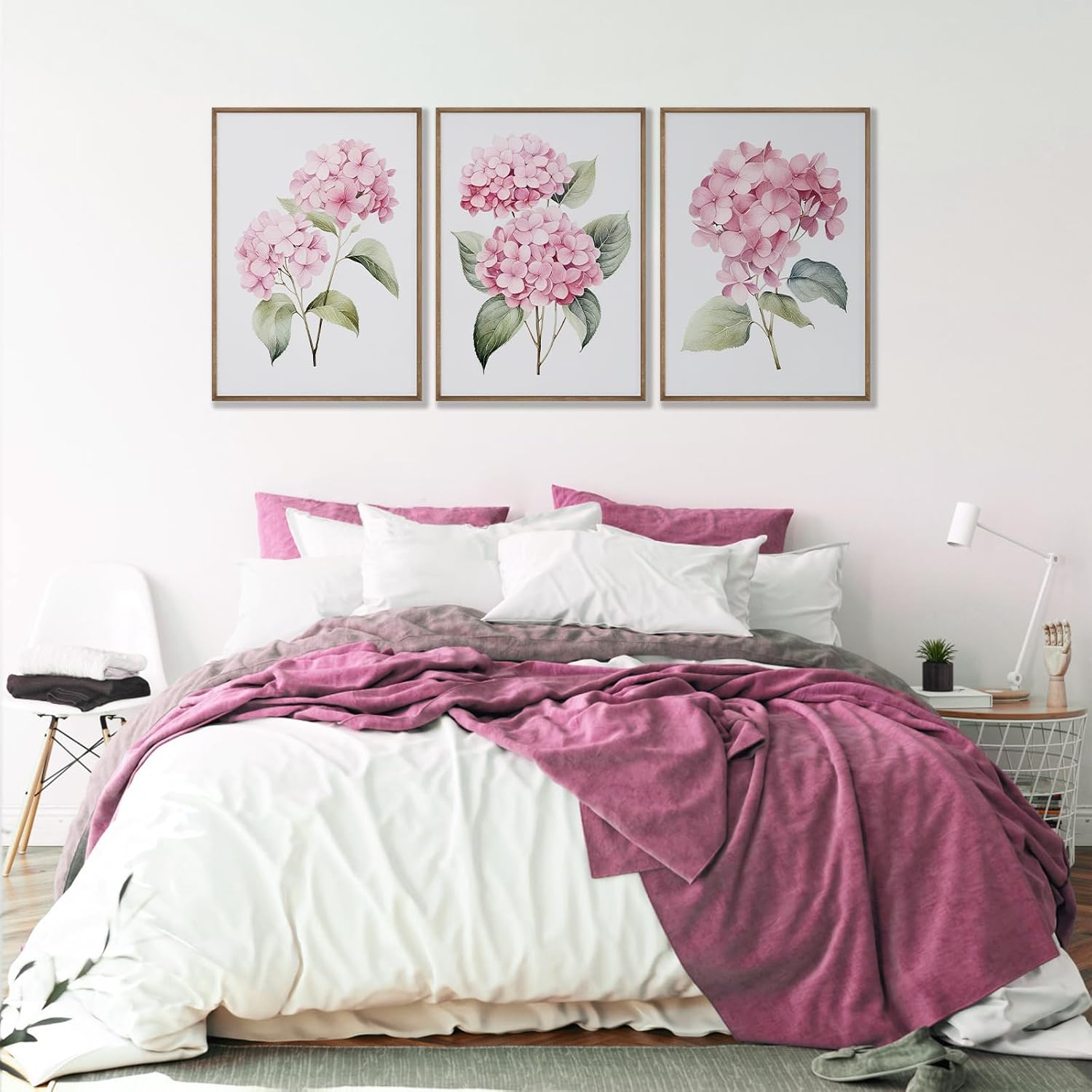 YJYCLD Pink Watercolor Hydrangea Wall Art Prints Botanical Floral Wall Decor Art Set of 3 Pink Flower Posters Pictures Canvas Wall Art Paintings for Living Room Bedroom Decor 12x16 inch Unframed
