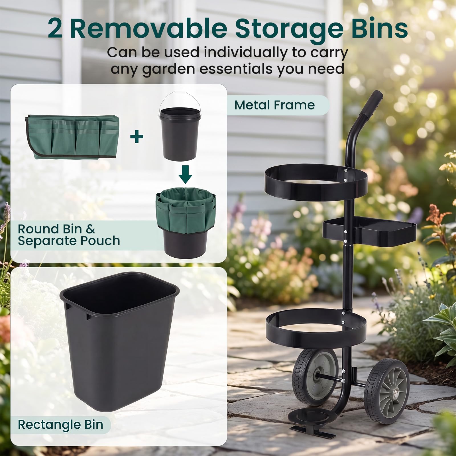 HOMASIS Carrello da Giardino 30L in Metallo per Giardinaggio e Pulizia | Secchio, Bidone e Tasche, 2 Ruote Porta Utensili e Foglie, Carrellino Verticale per Cortile e Terrazza