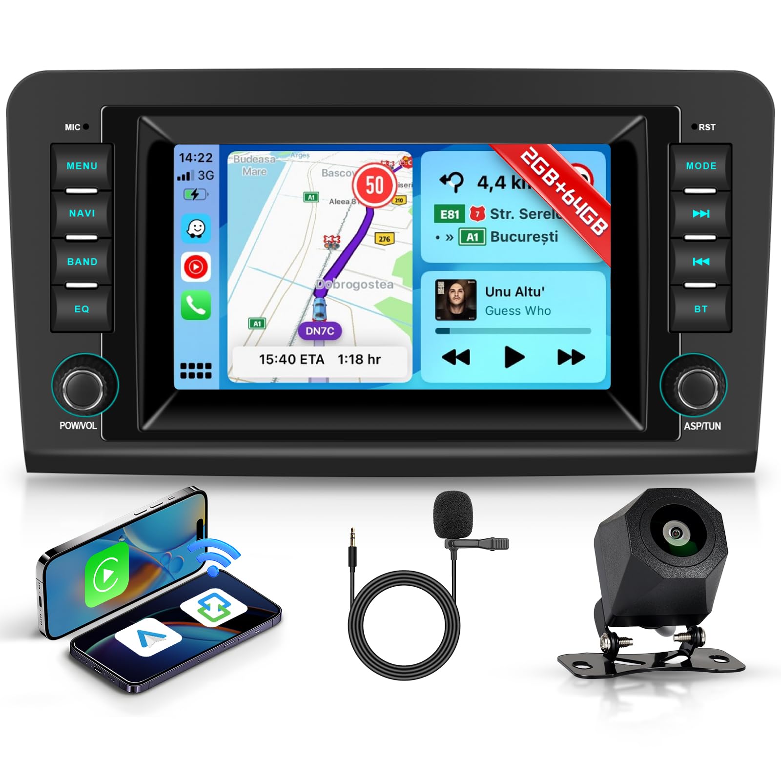 Hodozzy 2G+64G Radio para Mercedes-Benz Clase ML GL W164 X164 ML300 320 350 450 500/ GL420 con Carplay Android Auto Inalambrica, Radio Coche 2 DIN 7 Pulgadas Pantalla Táctil GPS Bluetooth WiFi Cámara