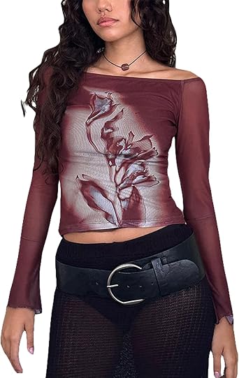 Women Y2k Off Shoulder Tops Double Lined Floral Print Going Out Streetwear Mesh Cropped Long Sleeve Blouse