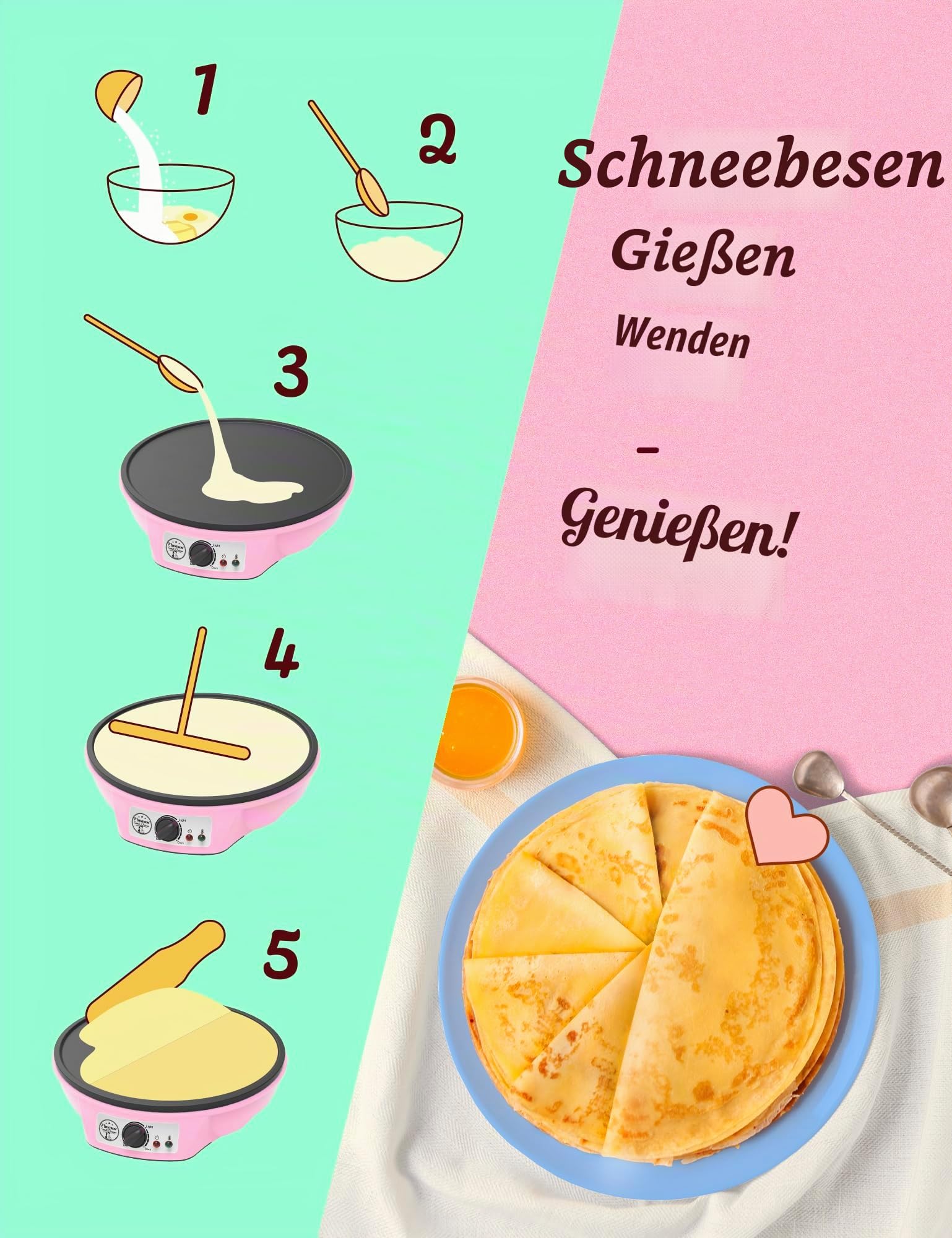 Bestron ASW602PBS Crêpes-Maschine, legierter Stahl, Rosa