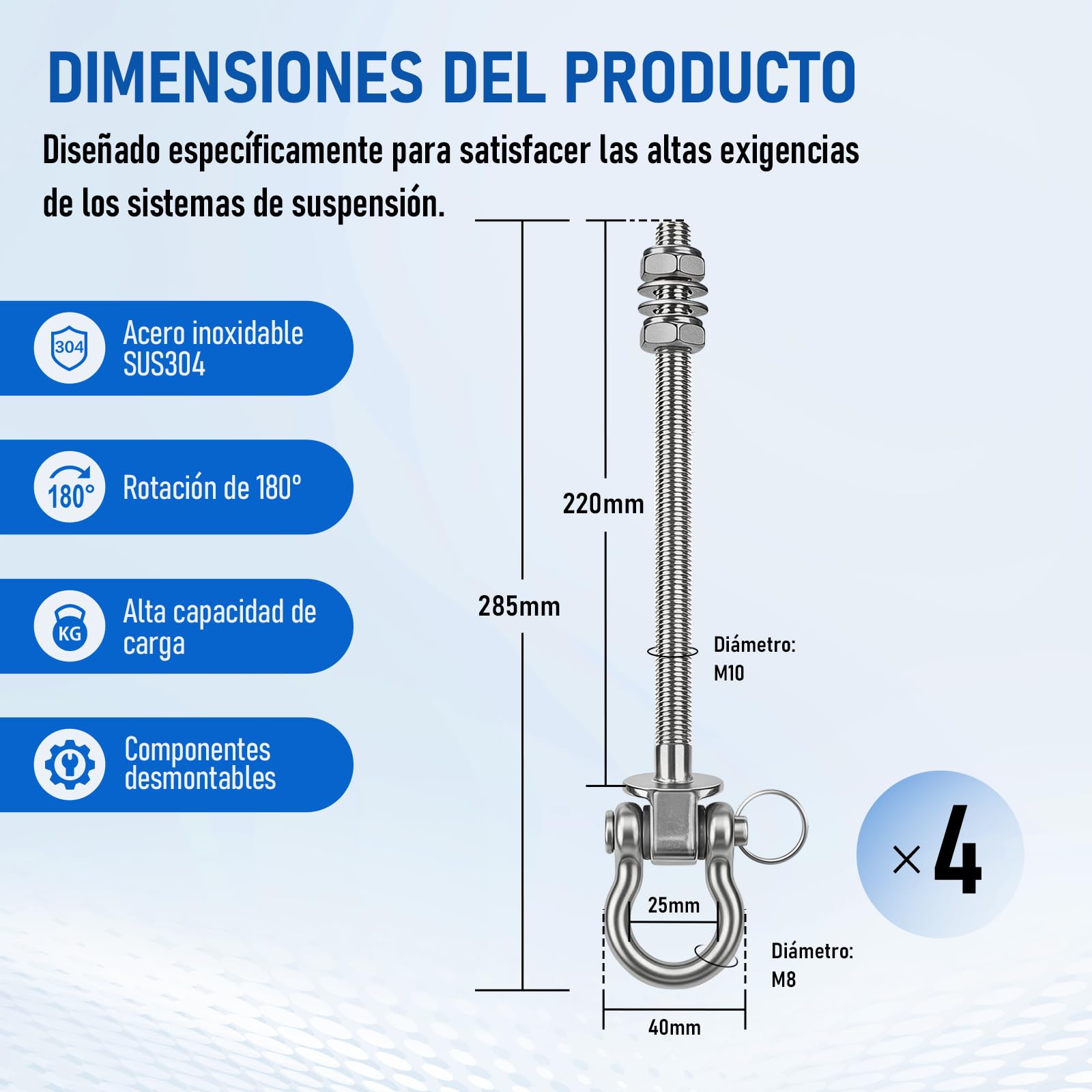 4uds Gancho para Columpio M10 Acero Inoxidable 285mm para Hamacas