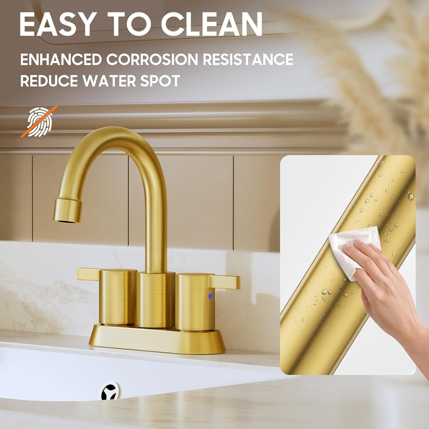 Brushed Gold 4 Inch 2 Handle Centerset Lead-Free Bathroom Faucet, Swivel Spout with Copper Pop Up Drain and 2 Water Supply Lines, BF015-1-BG