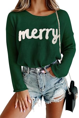 Christmas Sweater Women Casual Long Sleeve Scoop Neck Merry Letter Printted Xmas Sweaters A-Green L