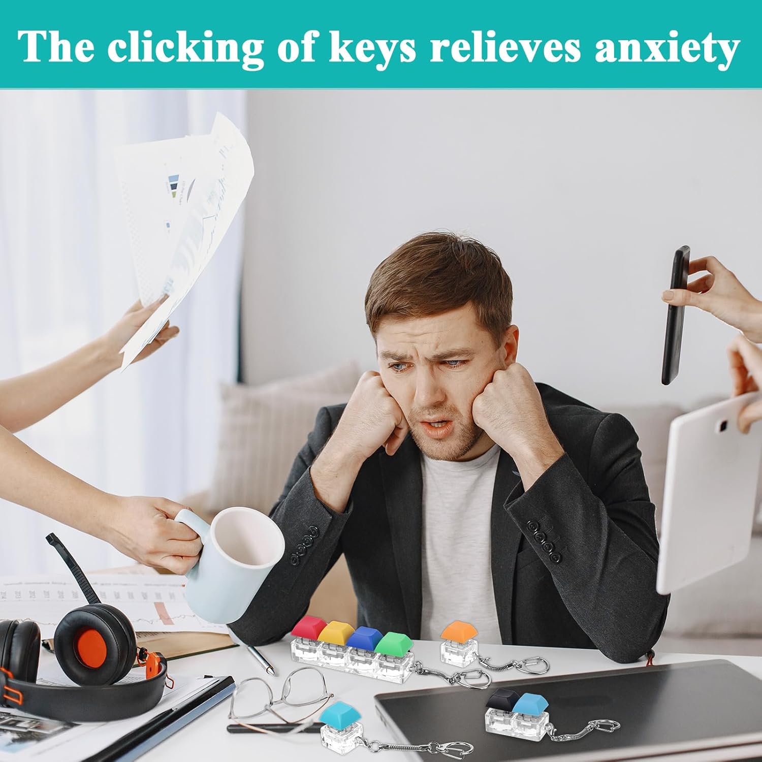 4Pcs Keyboard Fidget Keychain Decompression Toys Fidget Clicker Keyboard,Keychain Fidget Button Stress Relief Gifts for Adult to Relief Stress Pass The Boring Time(Color Keyboard No LED)