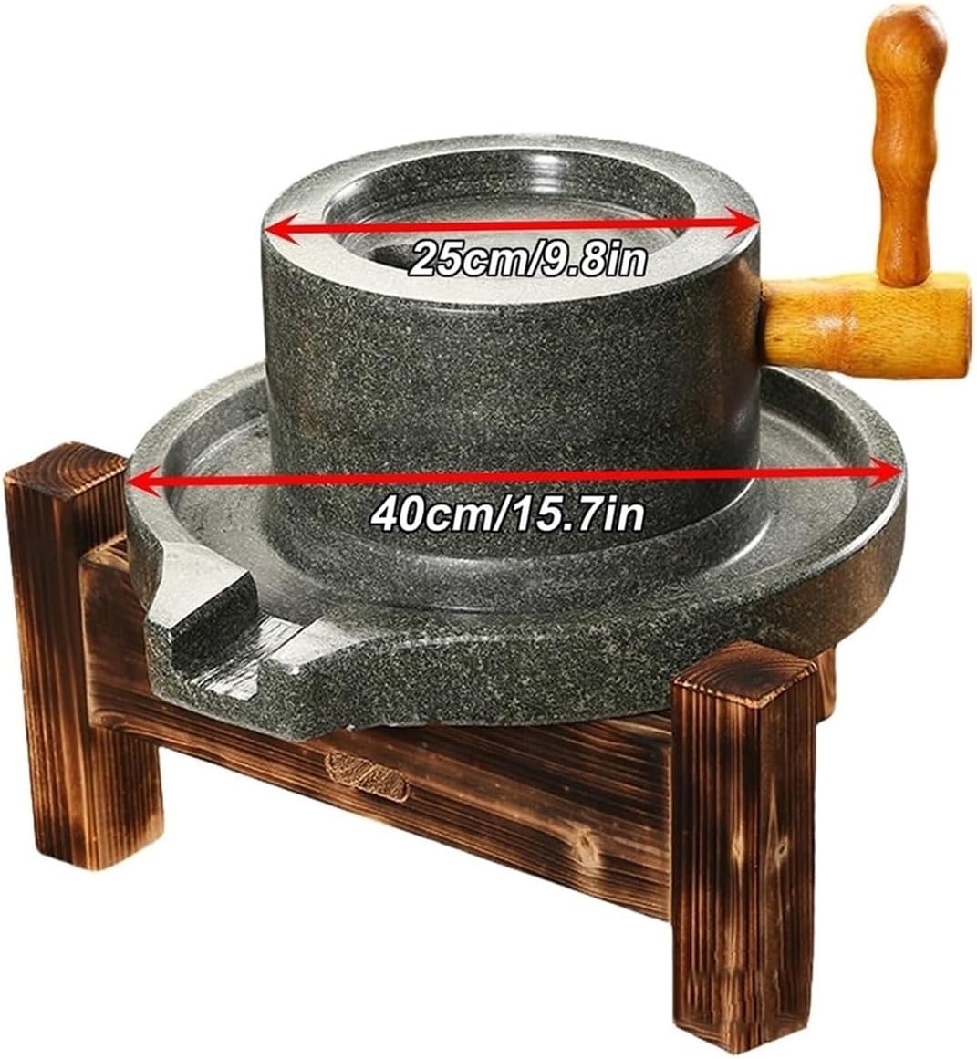 Vintage Home Handmade Stone Mill,Handmade Stone Mill/Grinder,with Vintage Wooden Stand,Suitable for Grinding Wheat,Rice,Almonds(25cm/9.8in)