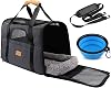 Morpilot Cat Carrier - Airline Approved, Top Opening Portable Dog Bag with Breathable Mesh/Removable Mat, Adjustable Shoulder Strap & Bowl, Foldable Travel Cage, M, Grey (Max 7kg)