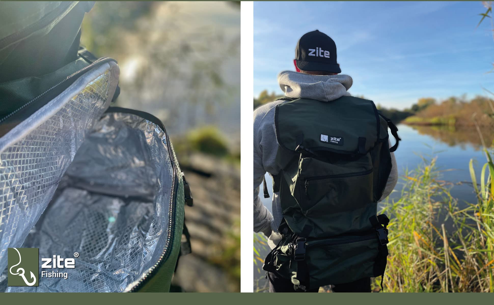 Zite Fishing Sac à dos de pêche avec supports de canne à pêche et compartiment isotherme amovible - Sac de pêche 55 x 30 cm - Bretelles rembourrées - Pêche au lancer et pêche en siège, vert, L,