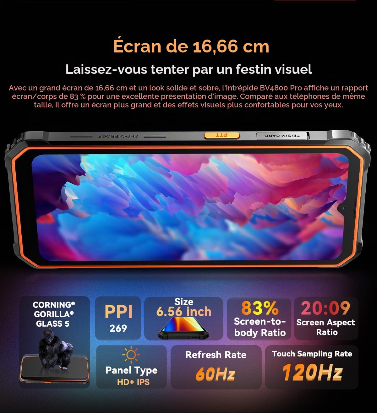 Blackview IP68 Téléphone Incassable BV4800 Pro, 12GB+128GB(Extension 1TB), 6,56'' HD+ 120Hz, 16MP+8MP+5MP, 3 Emplacements pour Cartes, Android 14 Smartphone Étanche Robuste Double SIM, NFC Noir