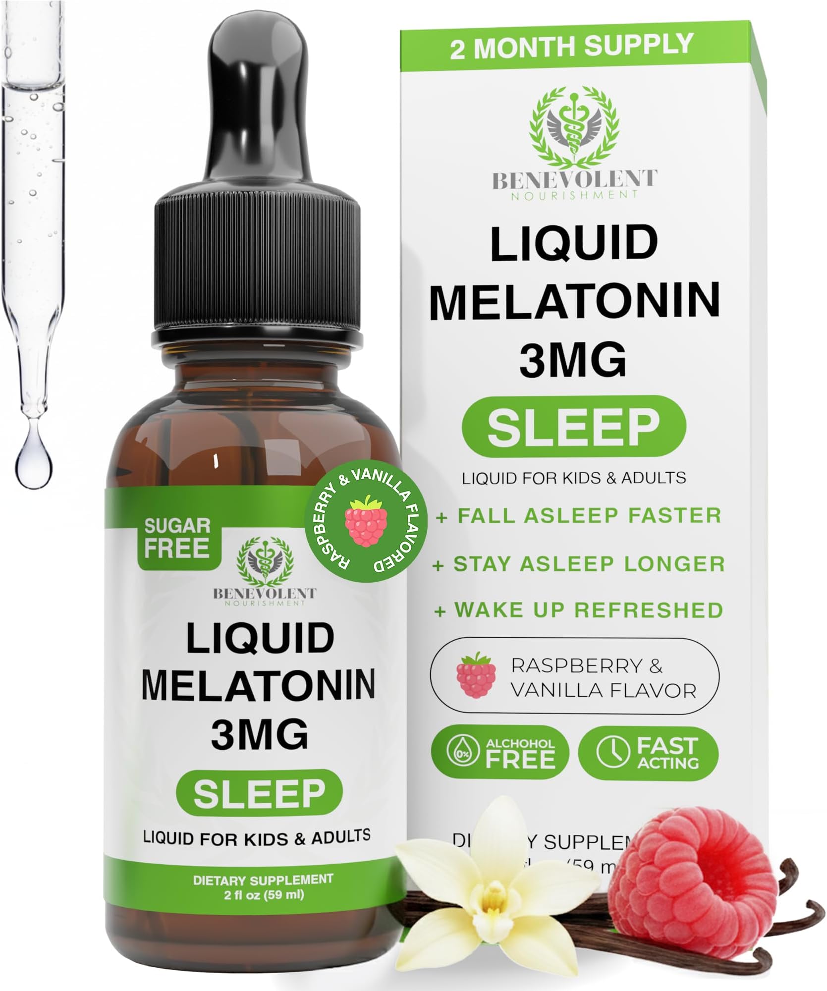 Benevolent Liquid Melatonin Drops for Adults and Kids 3mg - Fast-Acting Sleep Drops to Fall Asleep Faster & Longer - Non-GMO & Made in USA - Berry Vanilla Flavor, 2 Month Supply
