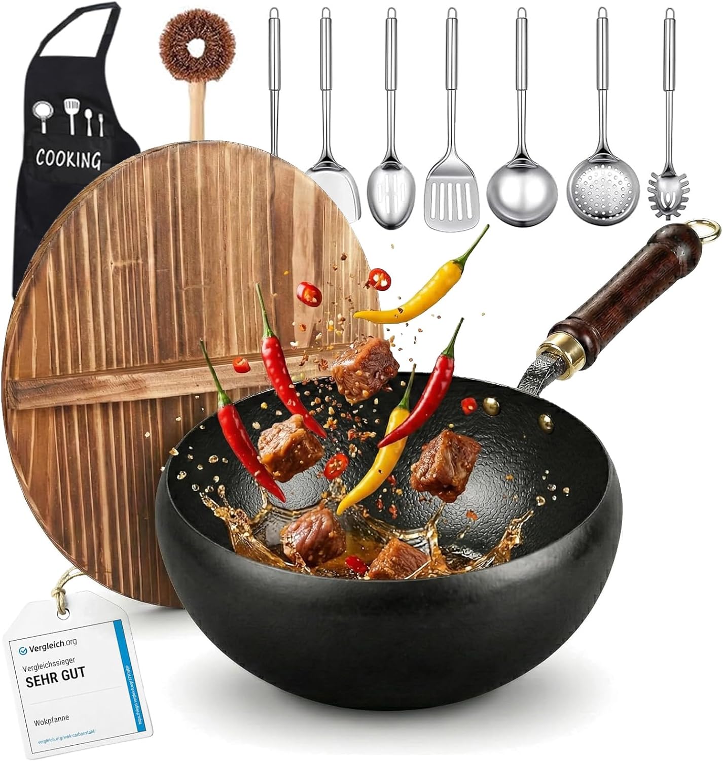 Japanese Cast Iron Wok Pan - Uncoated Healthy Cooking Pot with Lid, Japanese Cast Iron Pot, Hand-Hammered Uncoated Healthy Non Stick Frying Pans Made in Japan (Hand-Hammered + Wood Lid, 9.5'')