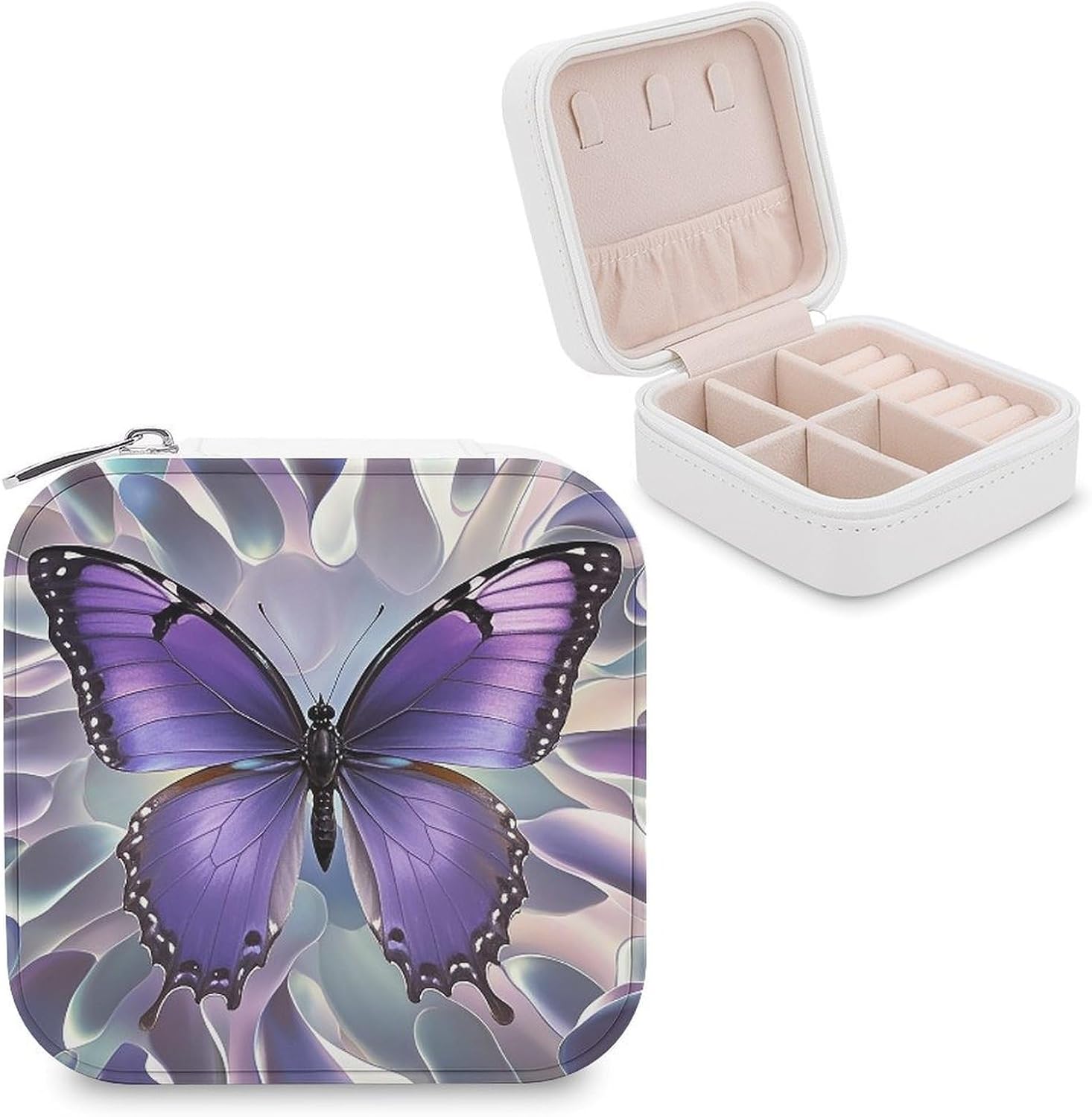 Travel Jewelry Box for Women Waterproof PU Leather Beautiful Purple Butterfly Art Jewelry Organizer Tangle Free Portable Storage Holder Case for Necklace Pendant Bracelet Ring Watch Earring Bangle