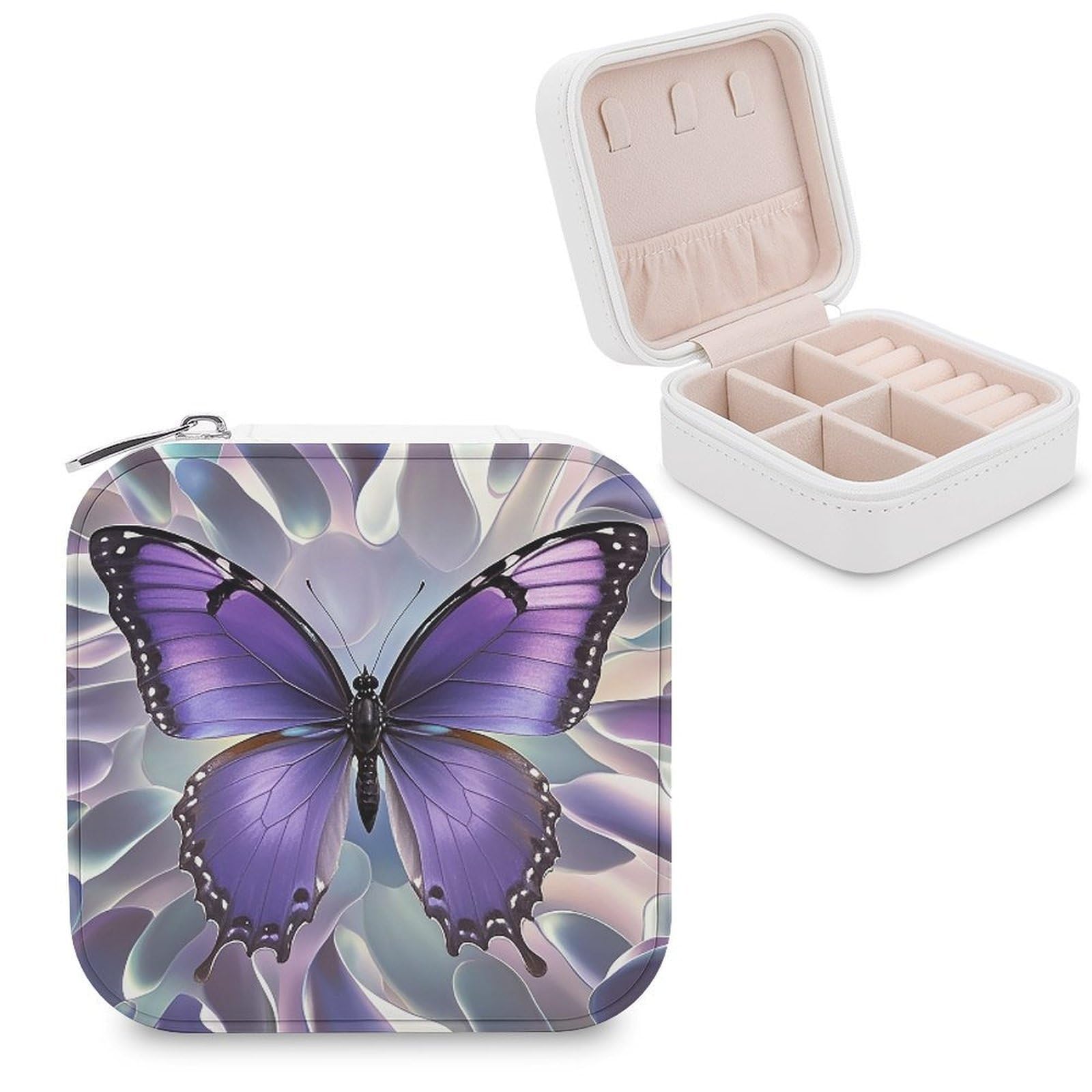 VstaDank Beautiful Purple Butterfly Art Travel Jewelry Case Zipper Portable Small Jewelry Box Custom Pu Leather Mini Traveling Jewelry Organizer for Rings Earrings Necklace Bracelet Girls Women