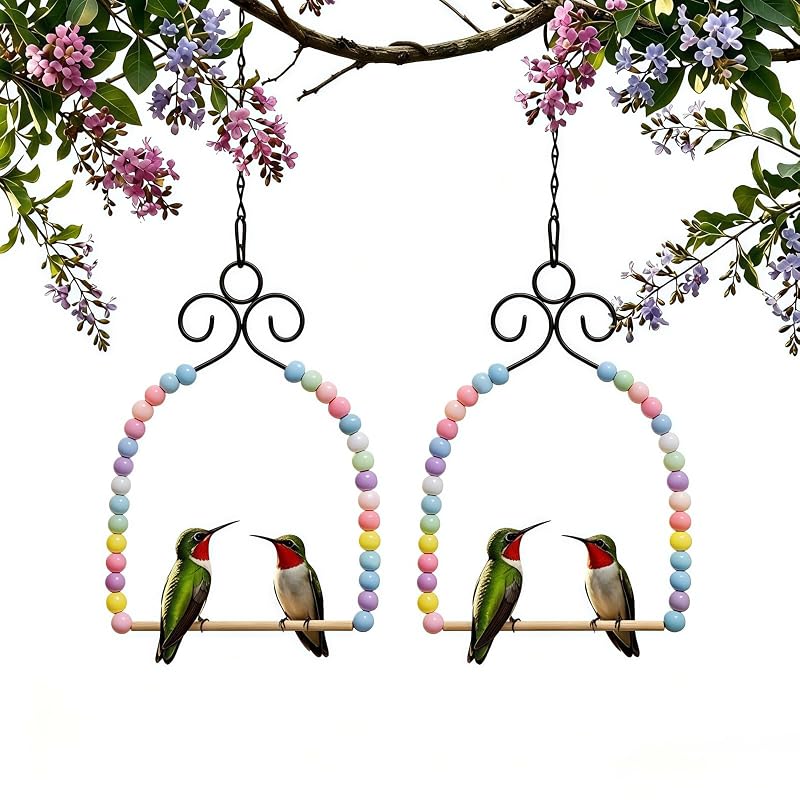 Balanço para beija-flores de metal com poleiro de madeira Qwspondence, pacote com 2
