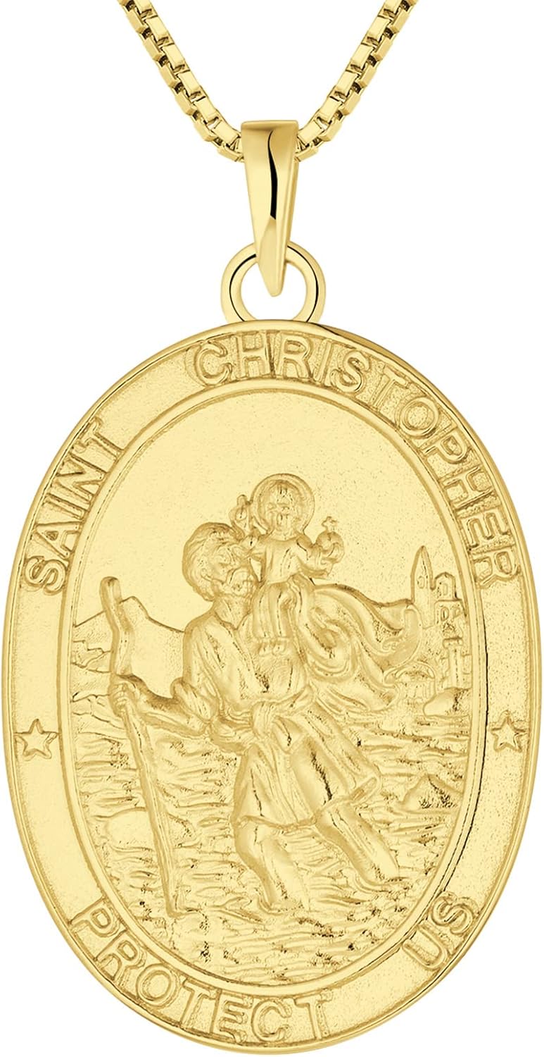 FJ St Christopher Necklace 925 Sterling Silver Religious Protection Pendant for Men Women