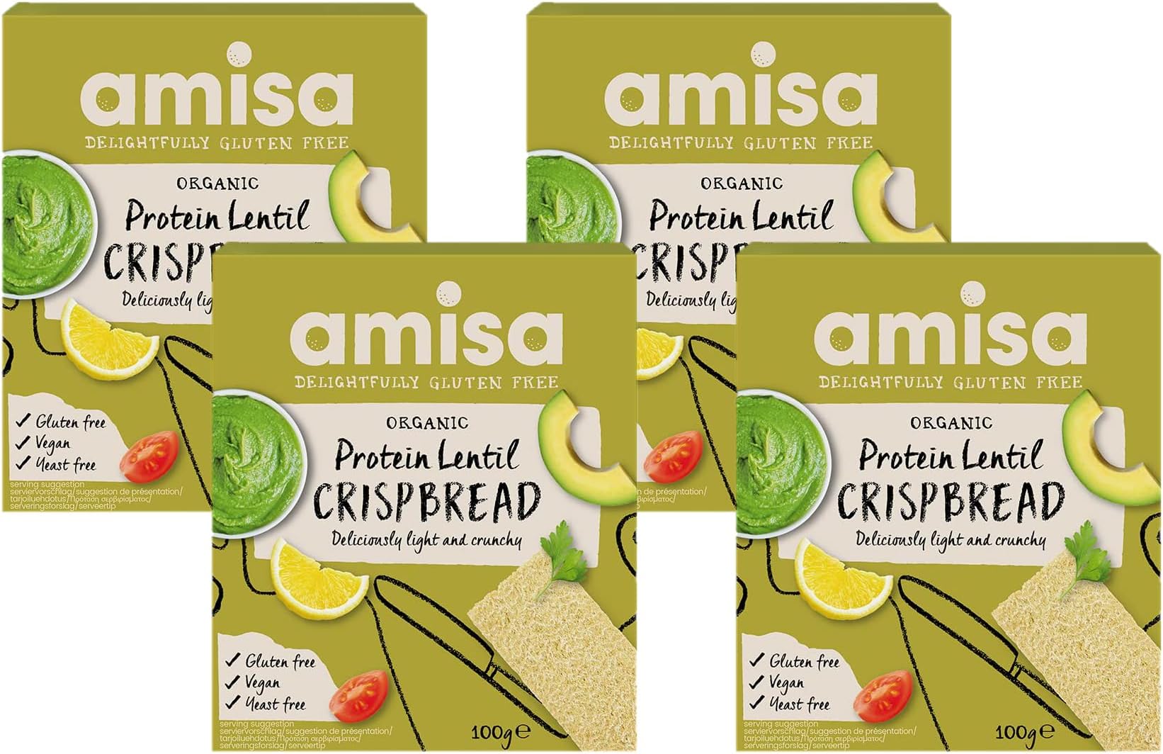 Amisa Organic Gluten Free Protein Lentil Crispbread, 100g - Yeast & Gluten Free, Low Carb Snacks - Plant-Based Protein, Vegan (Pack of 4)