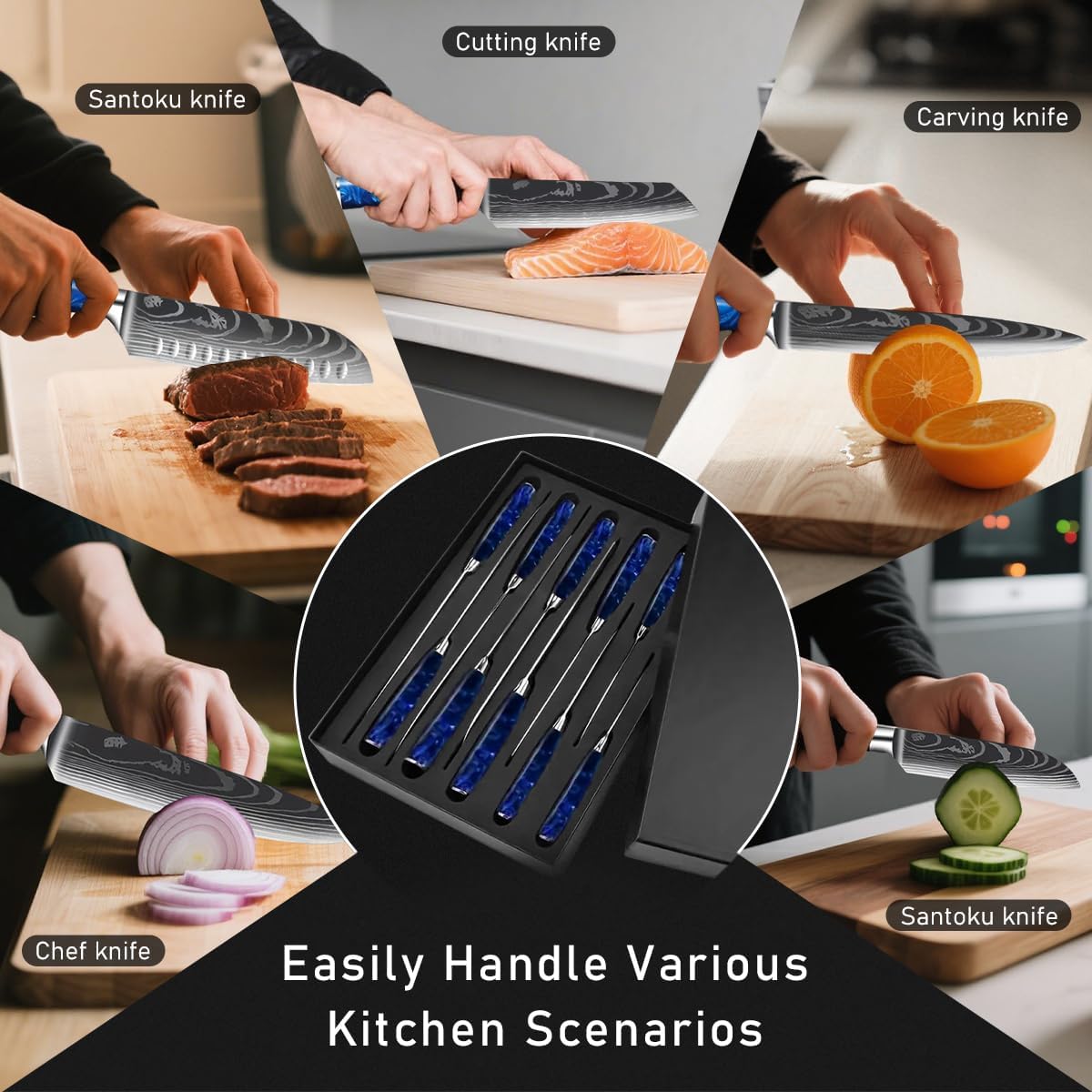 10-Piece Premium Japanese Kitchen Knife Set - Star Collection, Laser Damascus Pattern, 440A Stainless Steel Ultra Sharp for Fast Cutting (Blue)