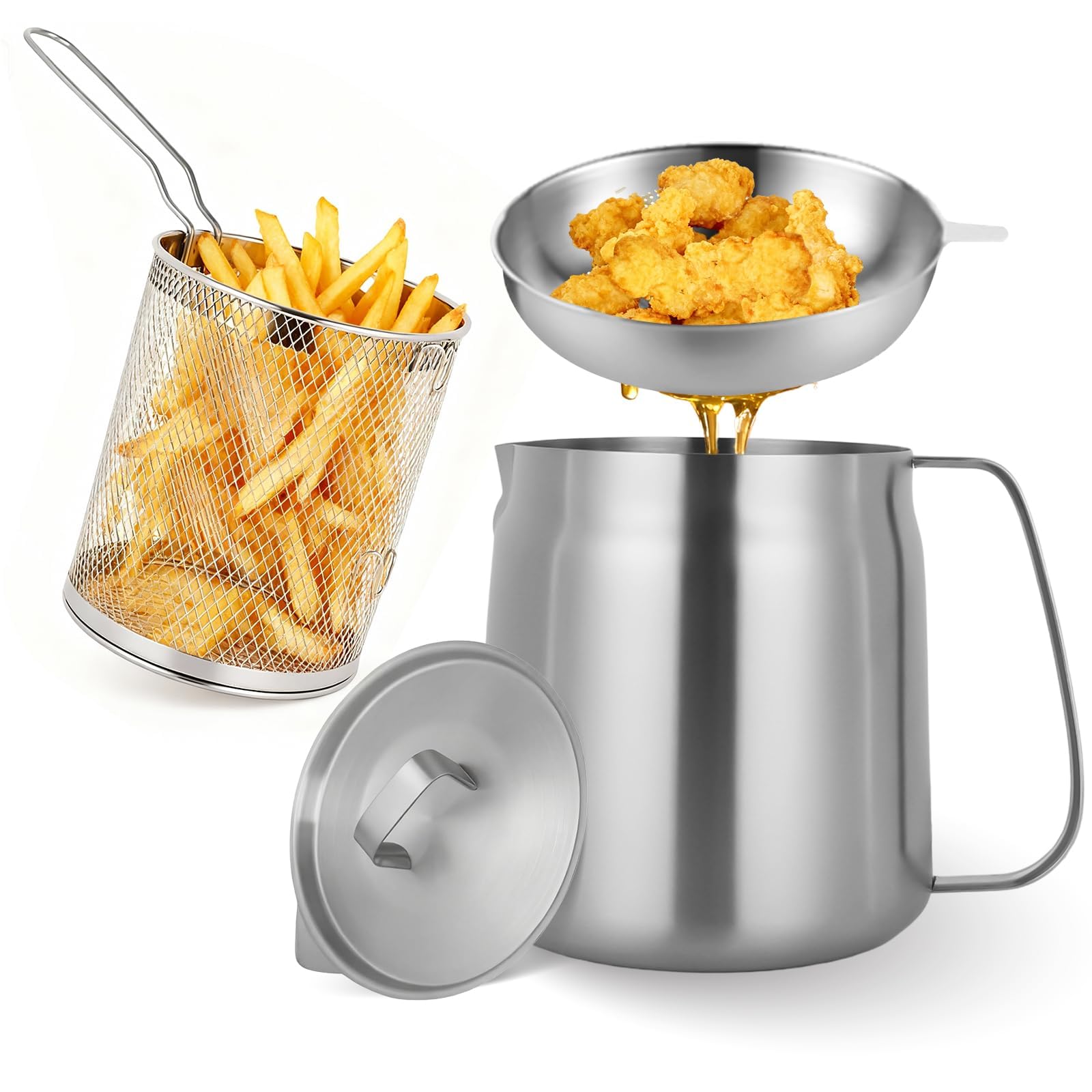 Houbobo Silver 3.5L Deep Fat Fryer With Basket & Strainer, 304 Stainless Steel Deep Fryer Pot, Large Capacity Bacon Grease Container For Kitchen,Frying,Cooking,Camping,Oil Filter Container, Dishwasher Safe