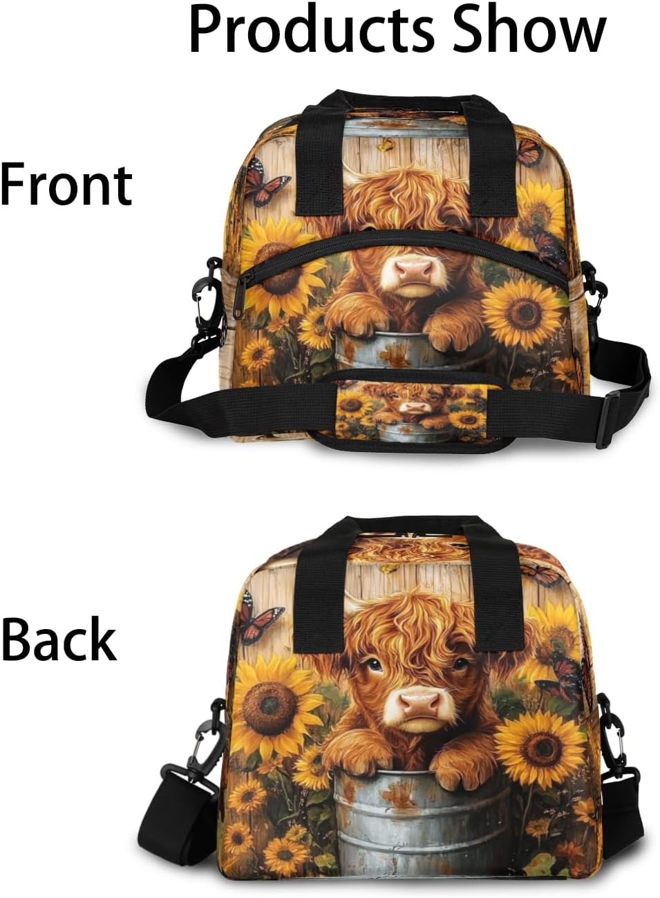 Highland Cow Sunflower Insulated Lunch Bag for Women Men Large Reusable Lunch Box with Adjustable Shoulder Strap & Zipper Leakproof Cooler Tote Bag for Work Offices Picnic Travel