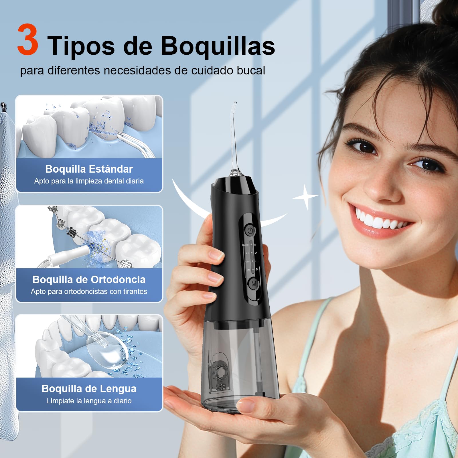 Irrigador Dental Eléctrico Portátil, 320ML Profesional Water Flosser, 4 Modos 5 Boquillas Irrigador Eléctrico Oral, IPX7 Impermeable Irrigador Dental, Hogar y Viaje, Negro