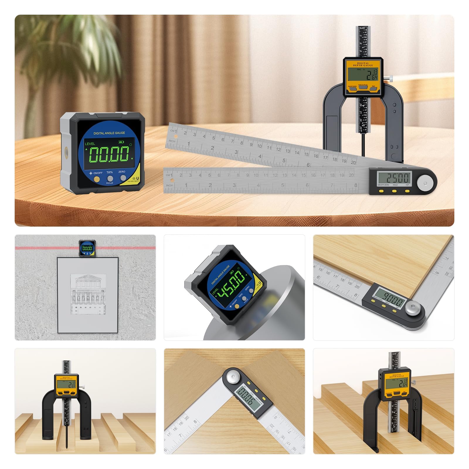 Exqutoo Lot de 3 outils numériques pour le travail du bois - Jauge de profondeur numérique - Inclinomètre magnétique à 4 côtés inclus - Outils de mesure pour le travail du bois, la construction, la