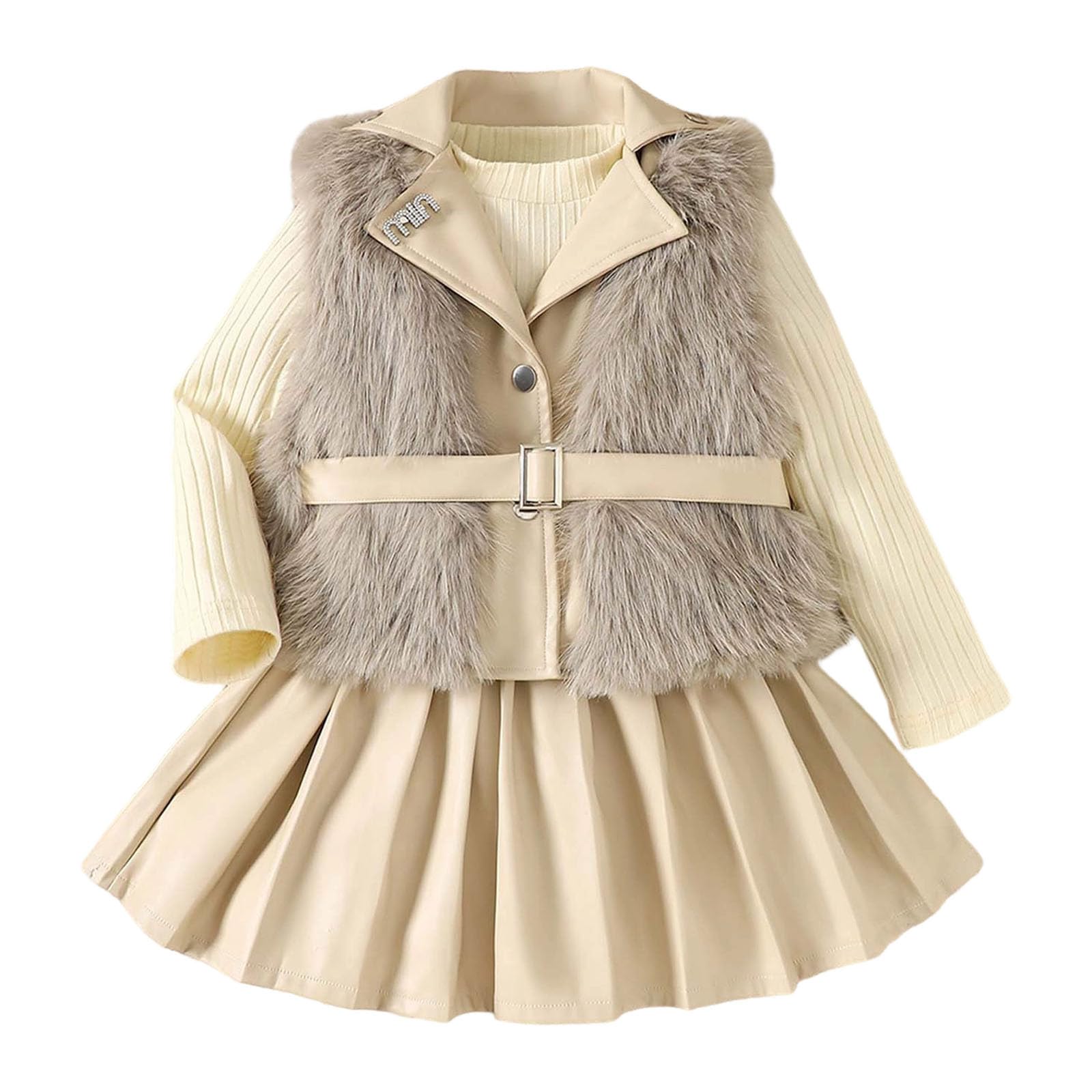 Gilet in Pile alla Moda e Top a Maniche Lunghe con Gonna a Pieghe per ragazze177