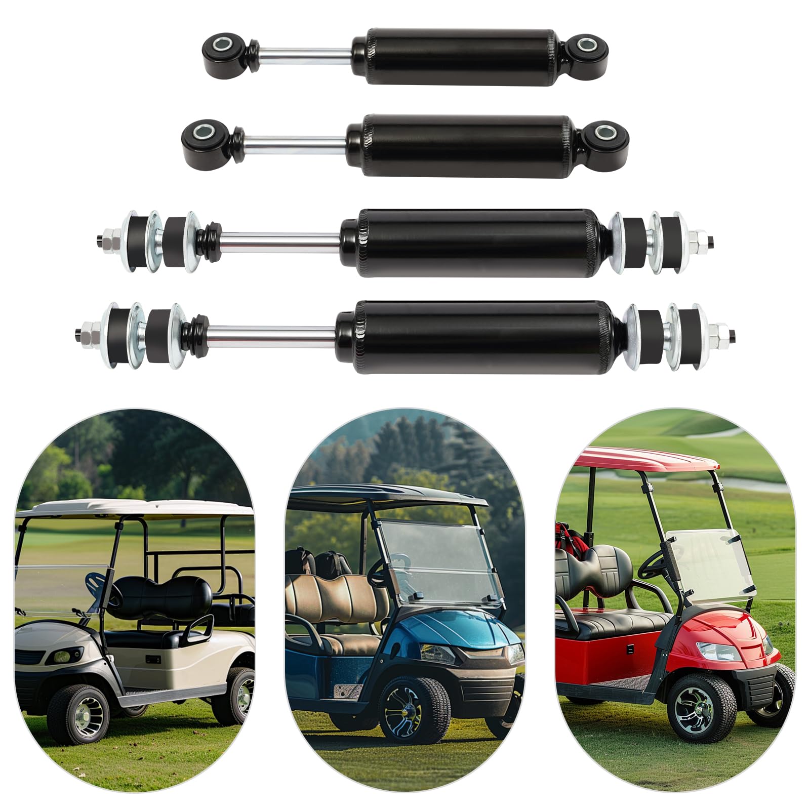 Juego de 4 amortiguadores hidráulicos para Club Car DS/Precedent/Tempo | Delantero+Trasero | OEM 1014235/1015813 | Metal con pintura pulverizadora | Listo para usar (1988-2018)