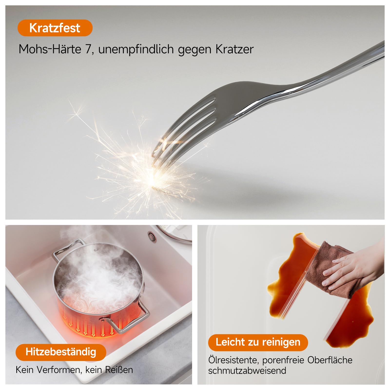 HOROW Küchen Spülbecken mit Abtropffläche inkl. Siphon-Set 57×45cm Weiß | Küchenspüle für Links und Rechtsmontage geeignet, Hoher Quarzanteil, Langlebig, Geräumig, Kratzfest, Einfache Montage