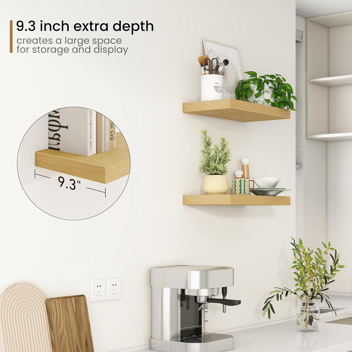 Fun Memories 16 Inch Floating Shelves for Wall, 9.3Inch Deep Floating Shelf, Extra Deeper & Thicker Wall Mounted Storage Shelf for Kitchen, Farmhouse, Oak, 2 Pack