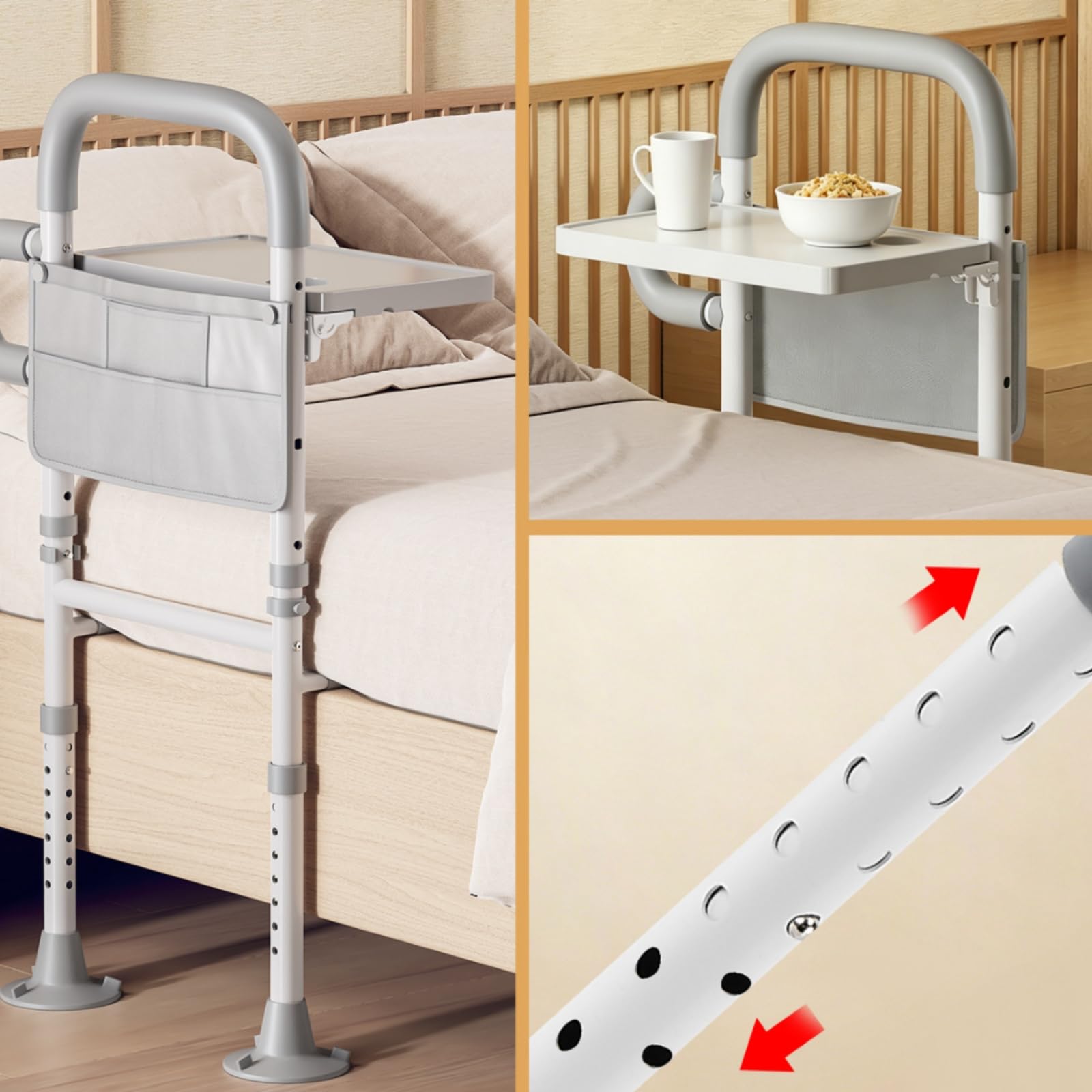 Milageto Sponda Letto di Sbarra Letto Maniglia Letto Corrimano Letto con Ripiano Pieghevole in Acciaio con Altezza Regolabile Tasca Frontale E Piedini a