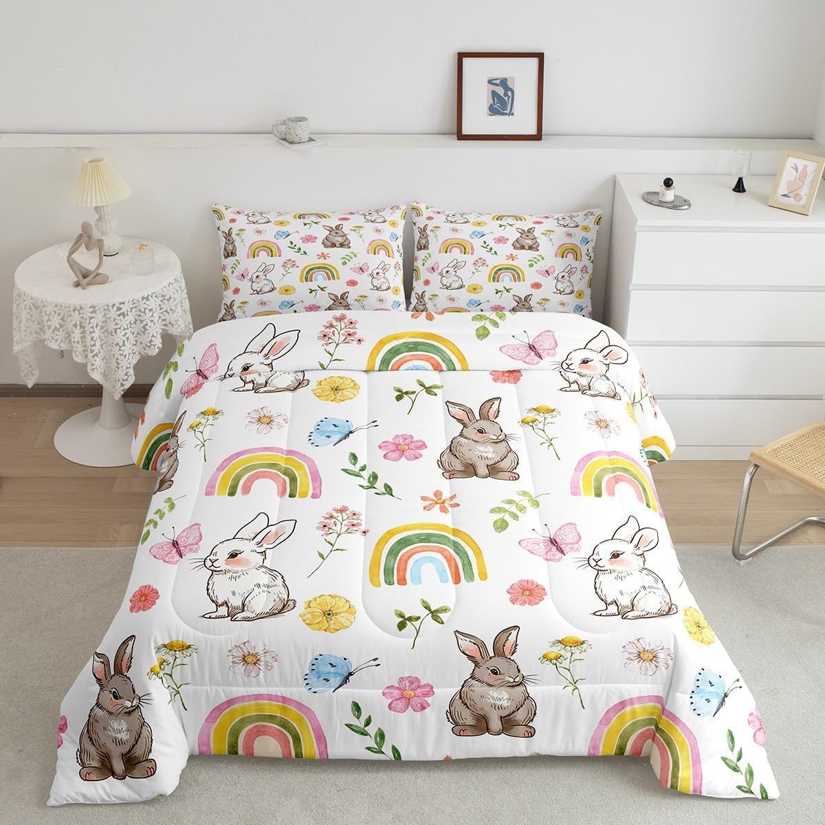 Feelyou White Brown Rabbit Comforter Twin Size Cartoon Cute Bedding Set for Boys Girls Children Rainbow Comforter Set Floral Butterfly Quilt Set 2Pcs
