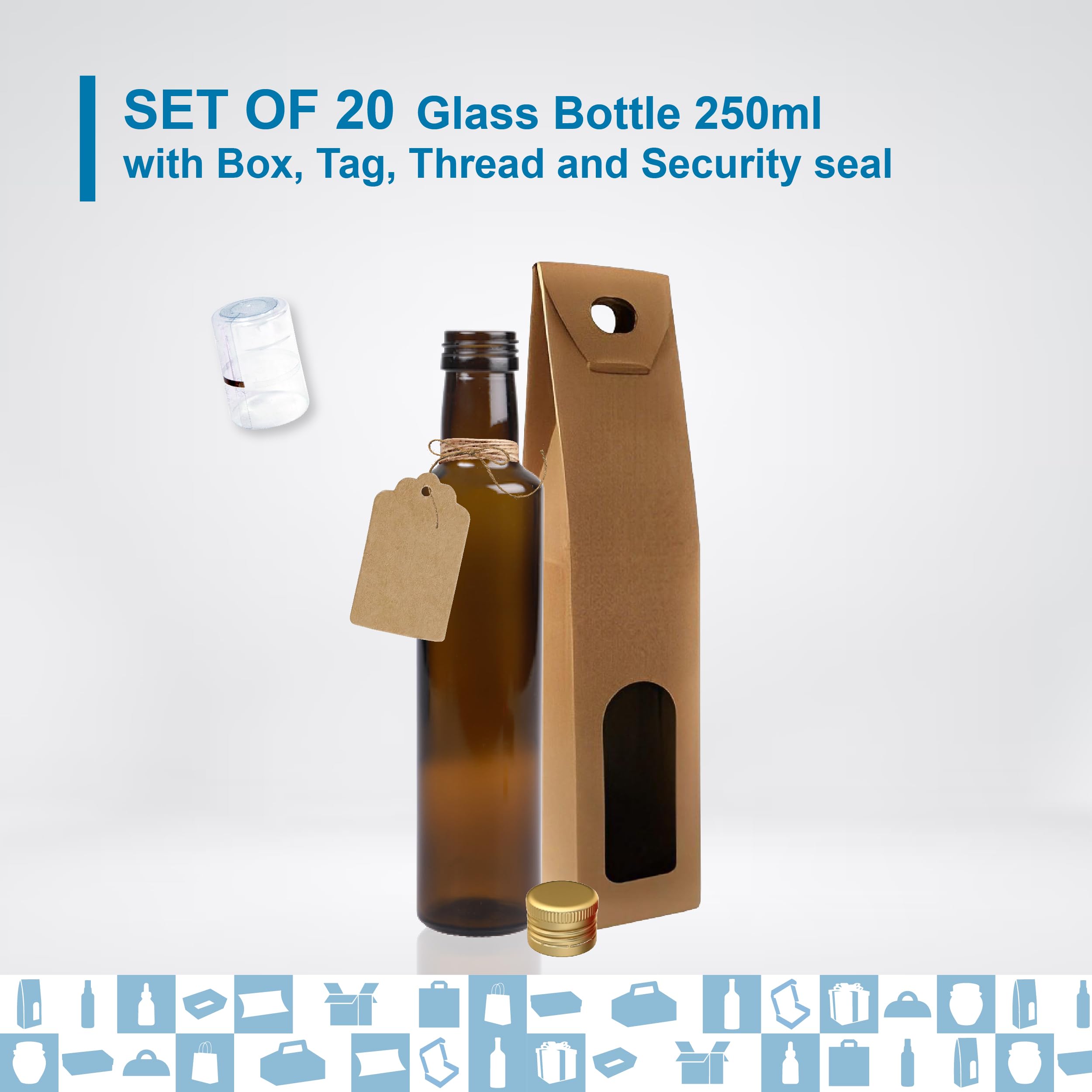 Espirito Rebelde 20 Bouteilles en Verre Foncé 250ml avec Bouchon a Vis Doré + 20 Boîtes + 20 Sceaux + 20 Étiquettes Kraft + Ficelle | Huile d'Olive, Vinaigre, Alcool, Sauces | Huilier