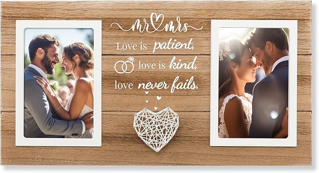 SOUHONEY Wedding Gifts for Couples 2026, Bridal Shower Gifts for Bride to Be, Wedding Picture Frame for Couple - Double 4x6 Pictures Frame - Wooden Couples Newlyweds Picture Frame with Heart Mr& Mrs