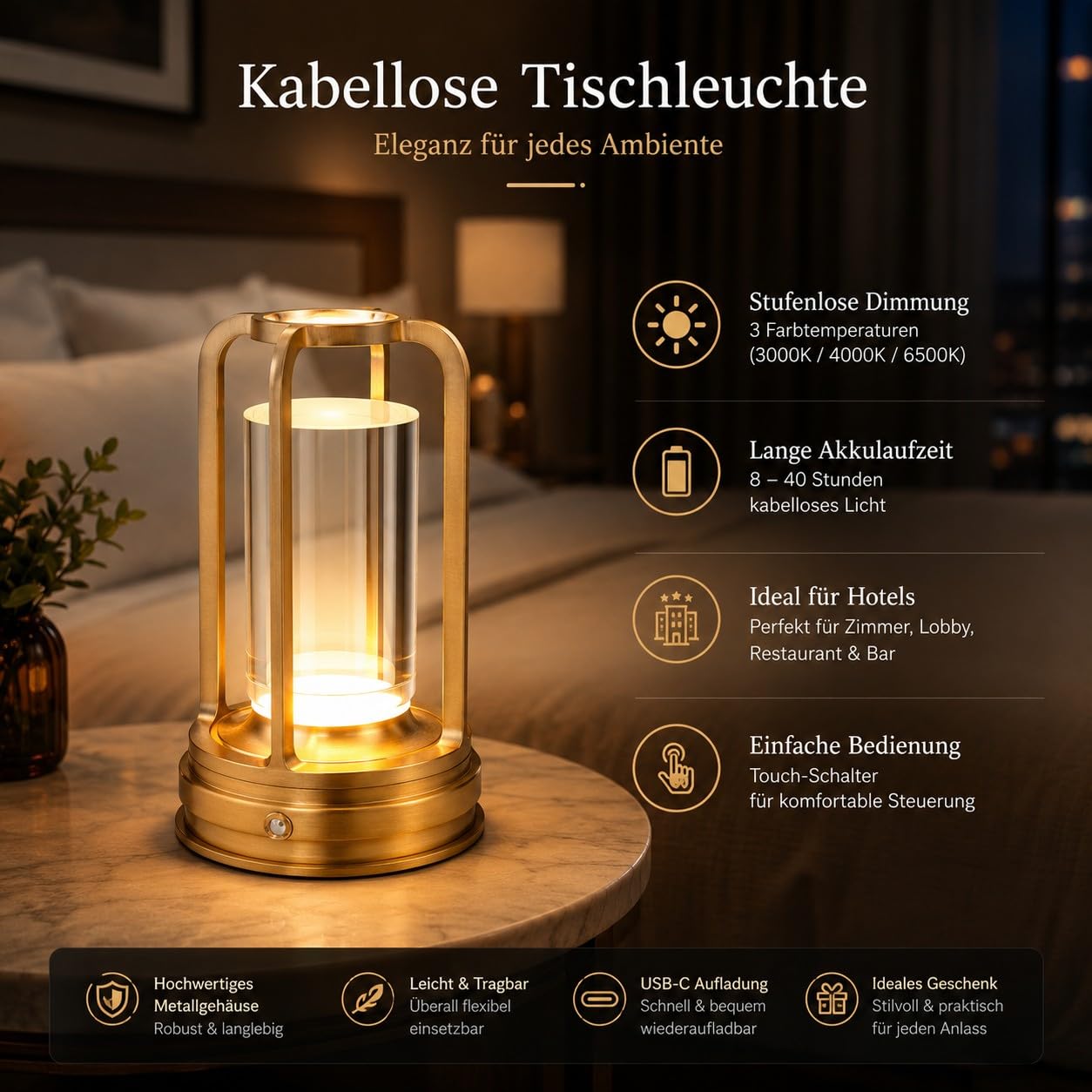2er Set Tischlampe Kabellos mit Akku, LED Touch Lampe Dimmbar, USB-C Wiederaufladbar, 3 Farbtemperaturen, Aluminium Tischleuchte für Restaurant, Café, Hotel, Schlafzimmer, Gold