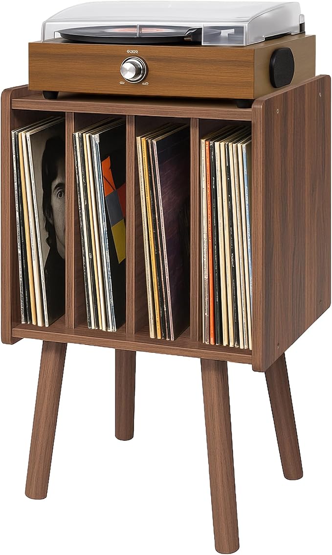 Record Player Stand, Vinyl Record Storage Table with 4 Cabinet, Mid Century Modern Turntable Stand, Organizer Vinyl Table for Bedroom Living Room, Walunt