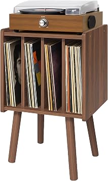 Record Player Stand, Vinyl Record Storage Table, 4 Cabinets, Mid-Century Modern Turntable Stand, Organizer Vinyl Table for Bedroom, Living Room, Walnut
