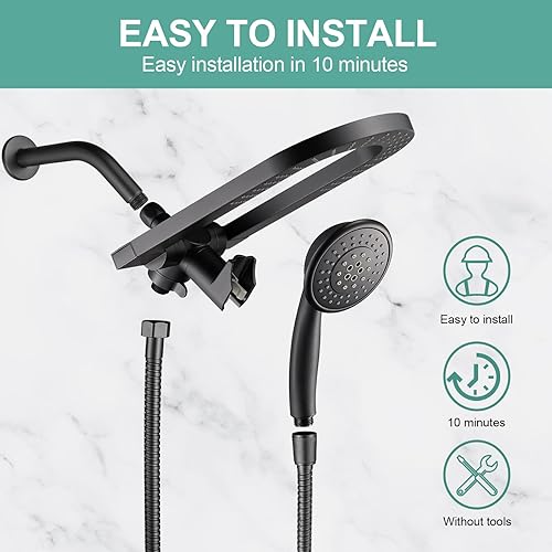Miniatura 5 de Cobbe Combo de cabezal de ducha de lluvia de 3 vías, cabezal de ducha doble con mano, lluvia de alta presión de 5 pulgadas con manguera de acero