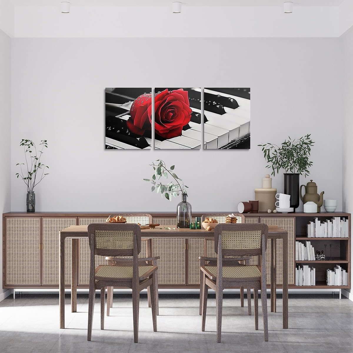 Erosebridal Piano Keyboard Music Pictures Wall Decor for Living Room Bedroom,White Black and Red Rose Flowers Canvas Wall Art Set of 3,Artwork Musical Instruments Poster Prints for Home Decorations