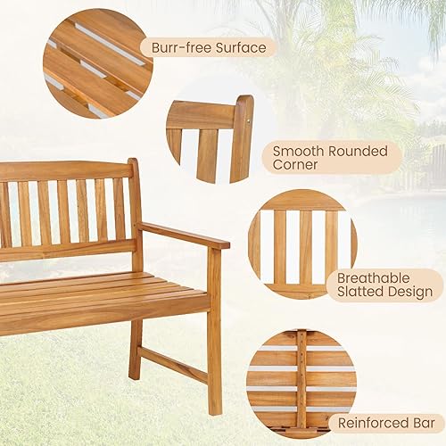 Miniatura 8 de HAPPYGRILL Banco de madera para patio con respaldo ergonómico y reposabrazos, banco para exteriores para 2 personas, marco de madera de acacia para