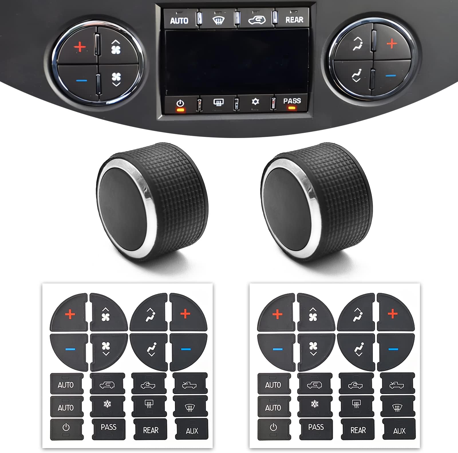 2Pcs Rear Radio Volume Control Knob with AC Dash Button Sticker (2 Pcs) for GM 22912547 Radio Repair Kit and Compatible with 07-14 Chevrolet Chevy GMC Buick Cadillac