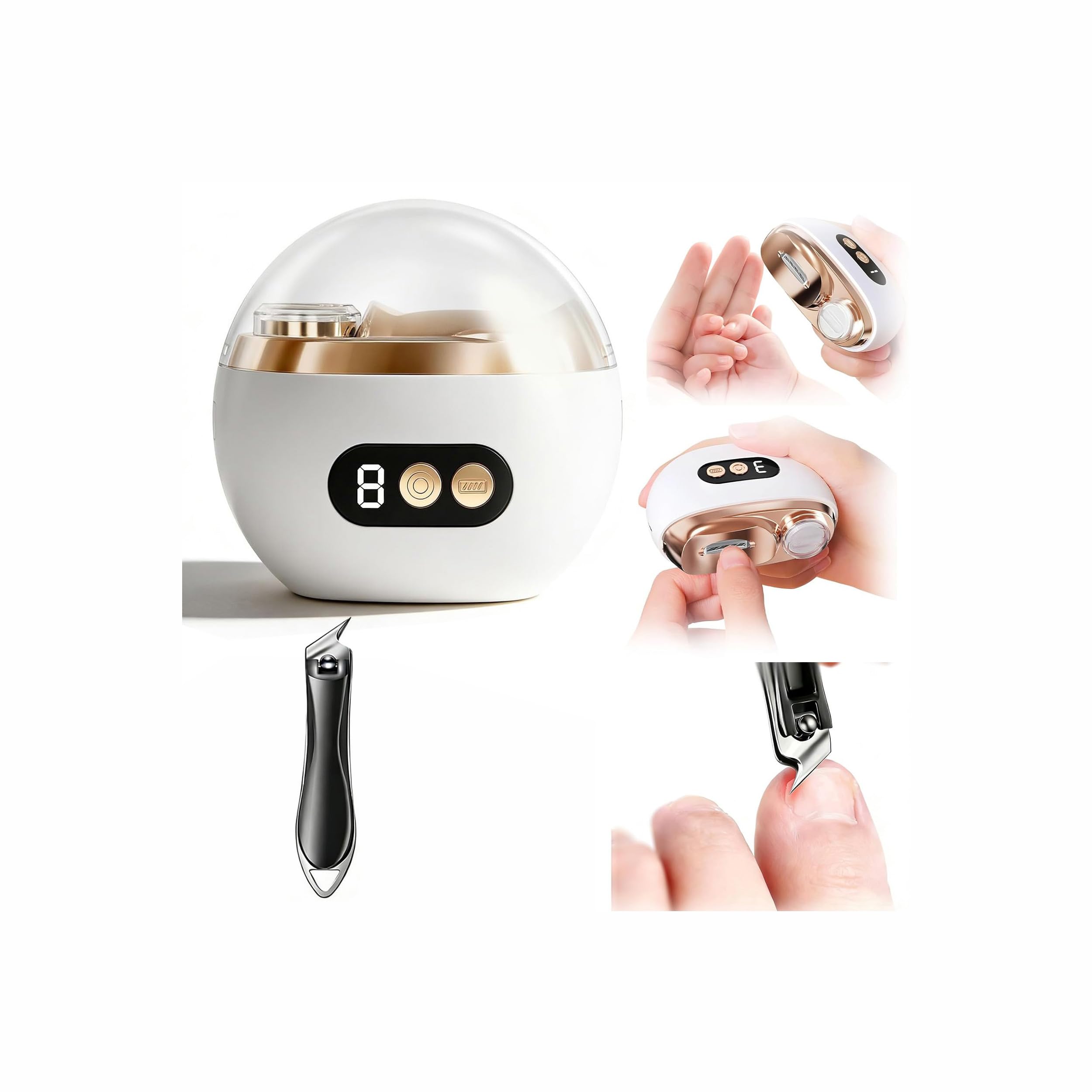 Cortaúñas Eléctrico Set de, Incluye un Cortaúñas Automático 3 en 1 + un Cortaúñas en ángulo para Bebés, Niños, Adultos y Personas Mayores，Ideal para Todas Las Necesidades de Cuidado de Las uñas，Blanco