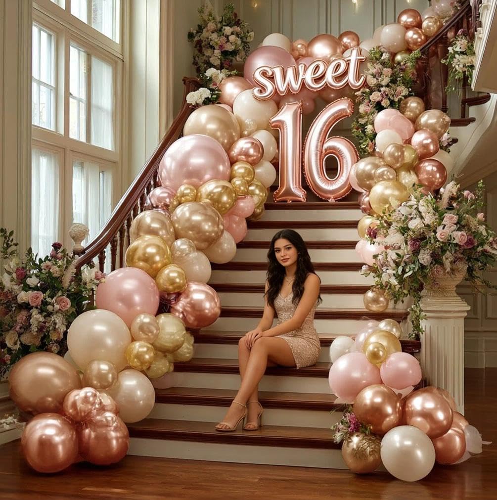 El kit de arco de globos de oro rosa incluye globos de oro rosa perla para decoración de bodas, cumpleaños, despedidas de soltera, baby shower