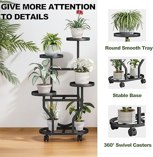 Miniatura 4 de Soporte para plantas para interiores y exteriores, soporte de flores de 4 niveles con ruedas, estante de metal para plantas, estante de exhibición