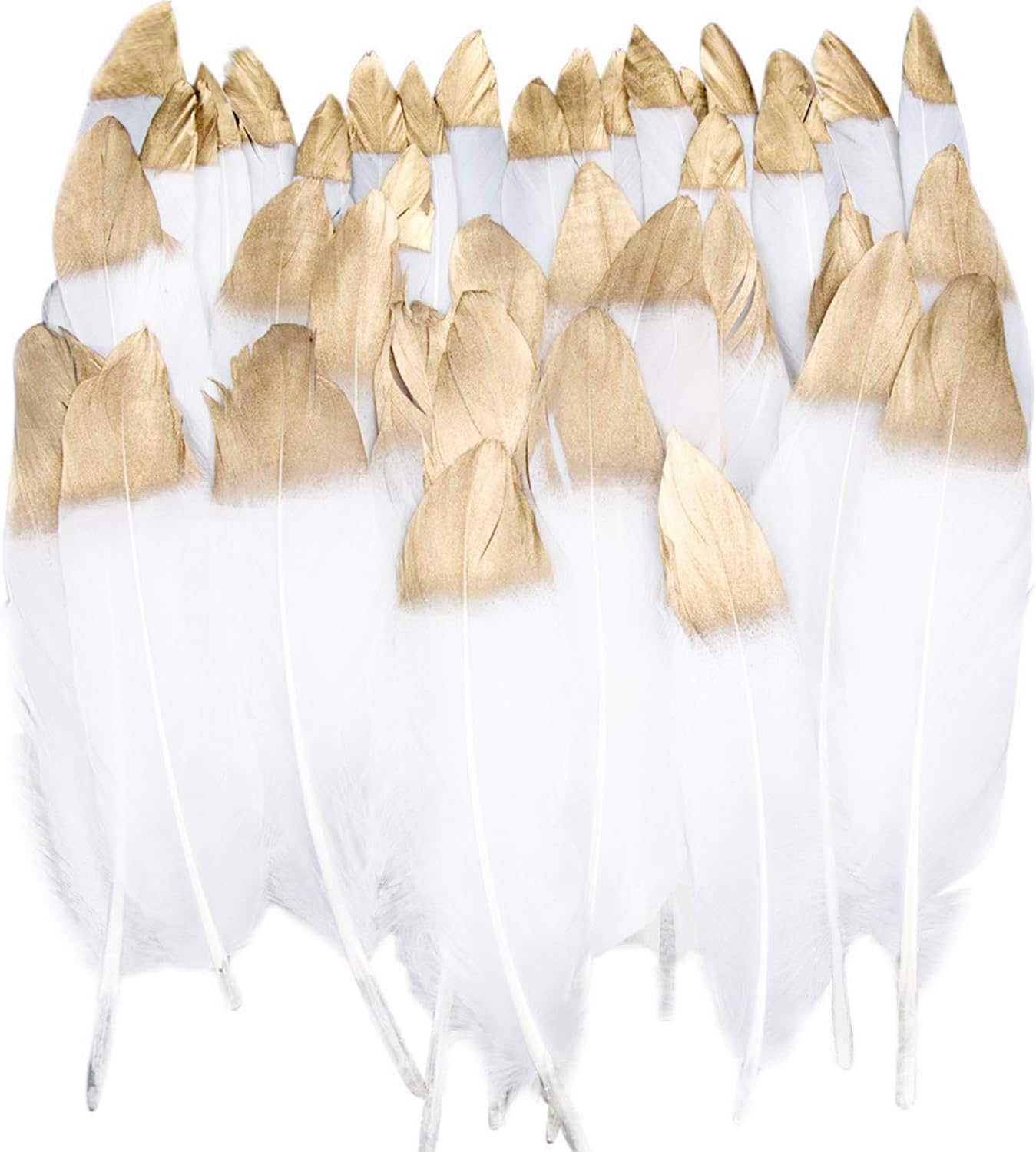 Benvo 40 Pcs Gold Dipped White Feathers 6-8 Inch Natural Feathers for Any Crafts Projects Feather Garlands Boho Bohemian Décor Nursery Home Bedroom Wall Decorations Party and Dream Catcher Supplies