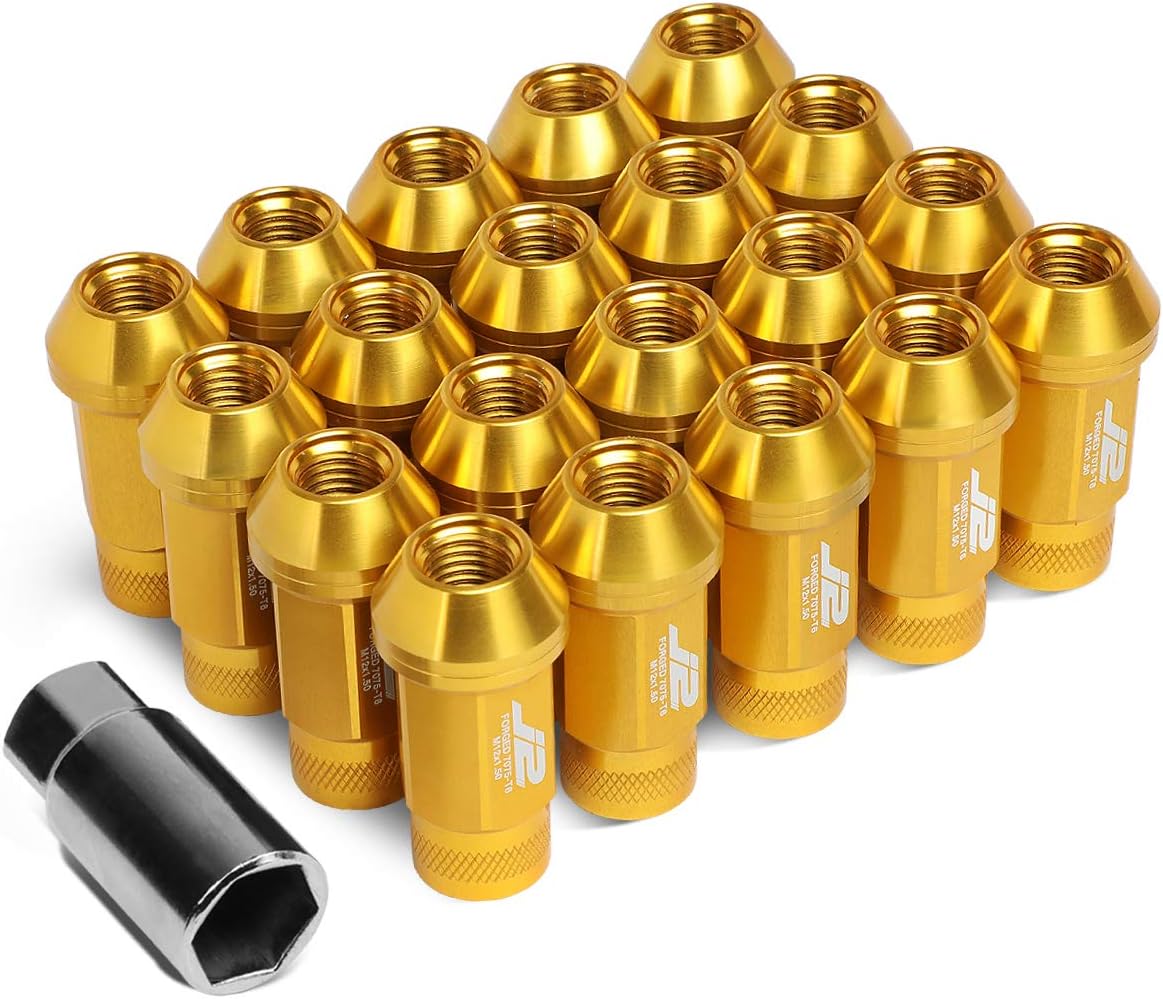 J2 Engineering 7075 Aluminum Gold M12 x 1.5 20Pcs L: 50mm Knurled Top Lug Nut w/Adapter