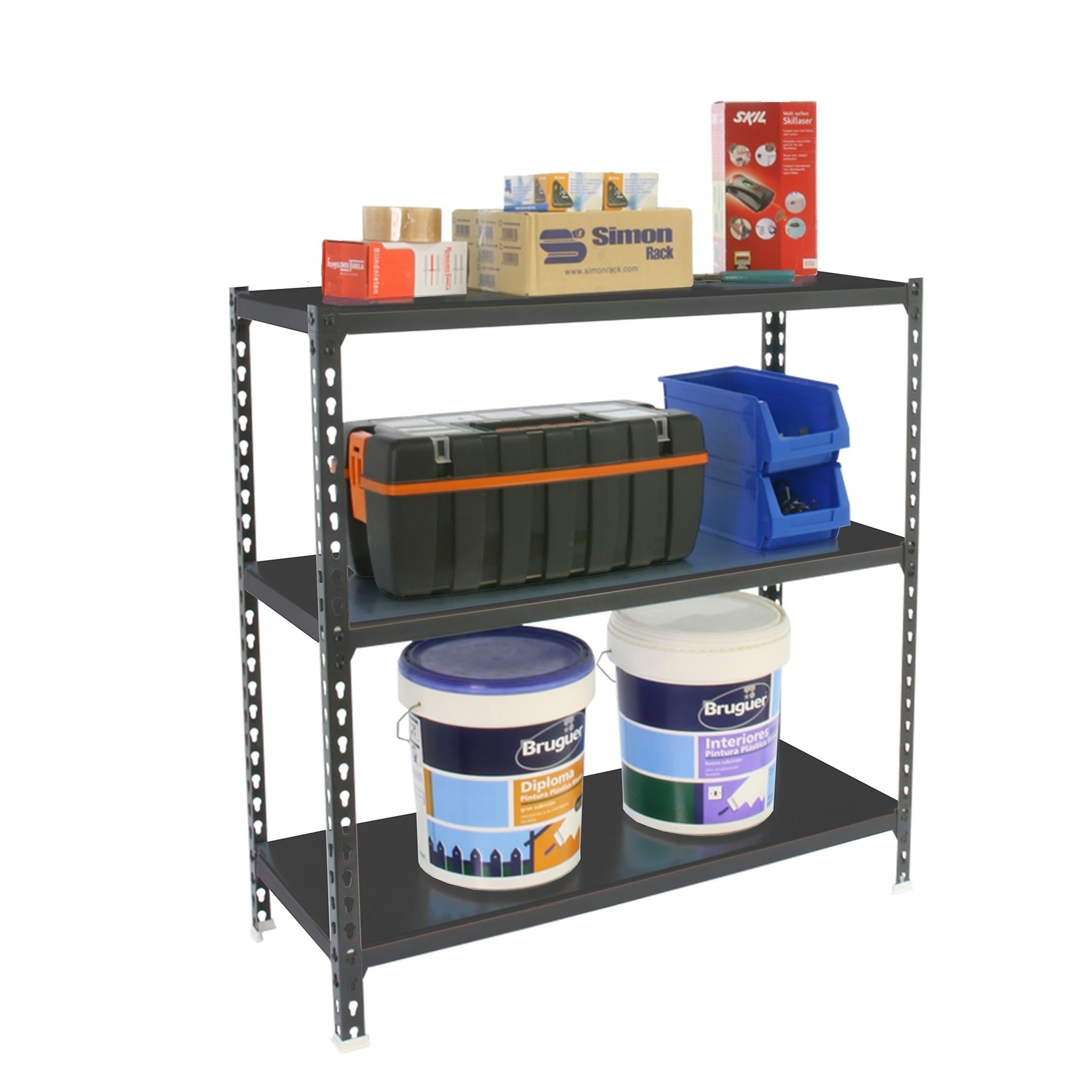 Simon Rack Estantería Metálica 900x1200x500 mm - Simonclick | 3 Alturas, Bandeja Metal, 200 kg de Punto Flexión, Antracita, Pintura anticorrosión, Montaje sistema clic