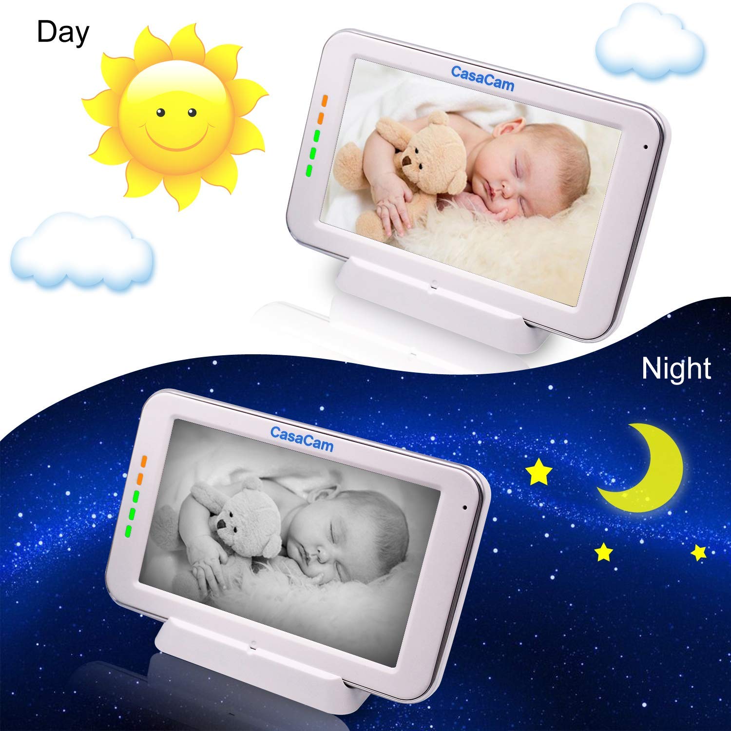 CasaCam Monitor de bebé de modo dual con visión local y remota con pantalla táctil de 5 pulgadas y cámara HD Pan & Tilt, aplicación de teléfono segura, audio bidireccional, canciones de cuna, luz